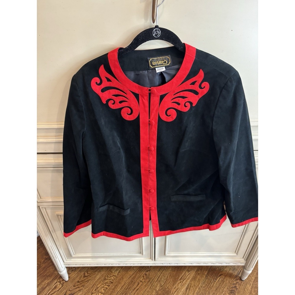 Clarissa Vintage Velvet Skirt Cardi Set Size 14 Black Red‎ Appliqué Art Deco 80s